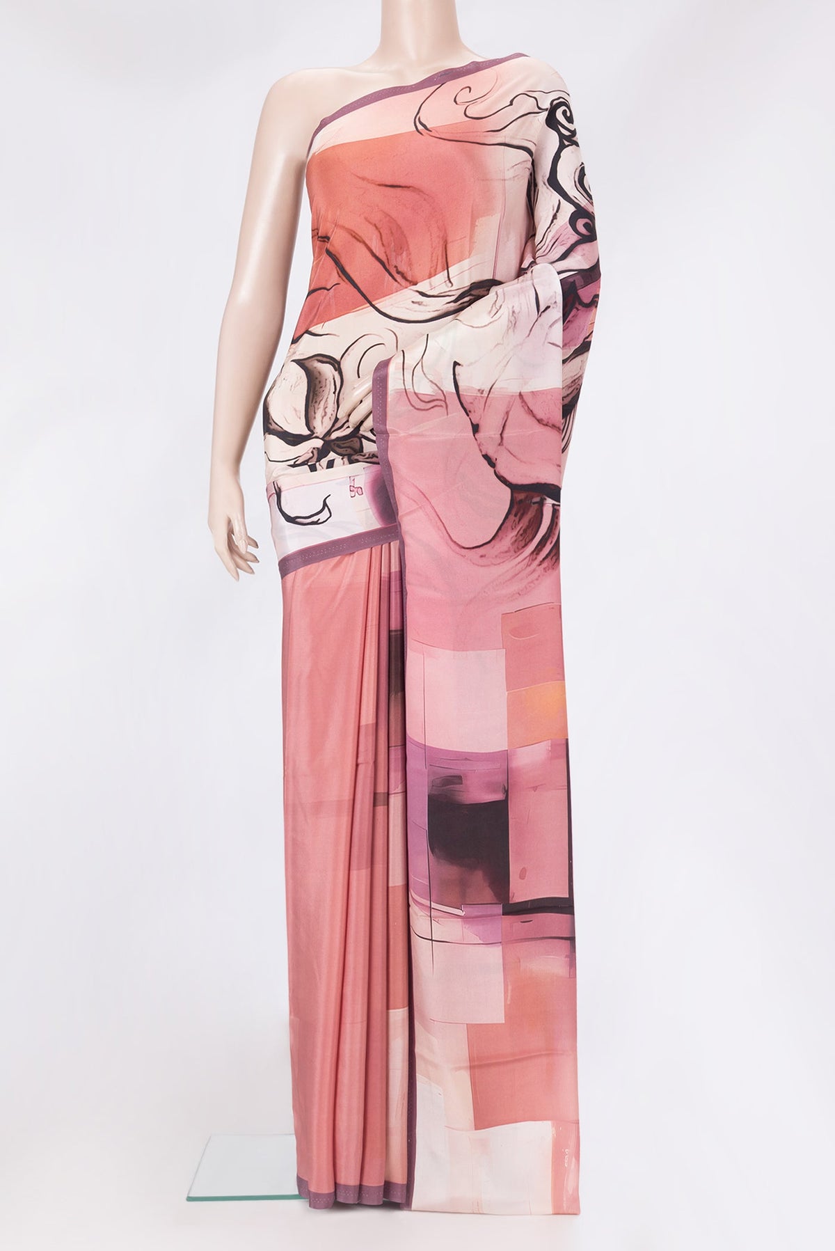 Multi Color Crepe Saree with Printed design on the body and Plain Border.  displayed on a mannequin