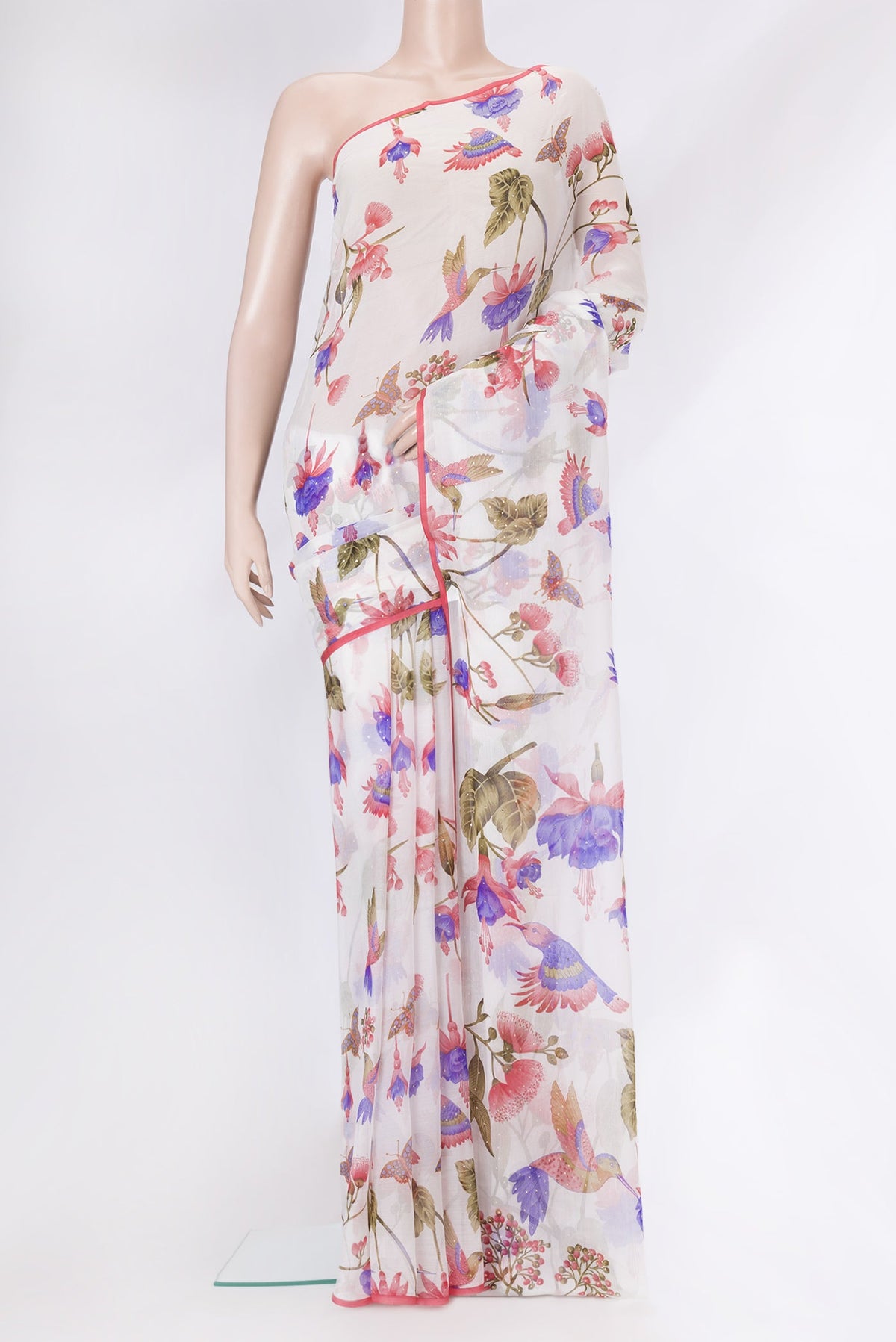 Off White Dual Tone Mysore Chiffon Saree with Printed design on the body and Plain Border.  displayed on a mannequin