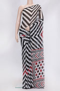 Black Dual Tone Mysore Chiffon Saree with Printed design on the body and Without Border.  displayed on a mannequin