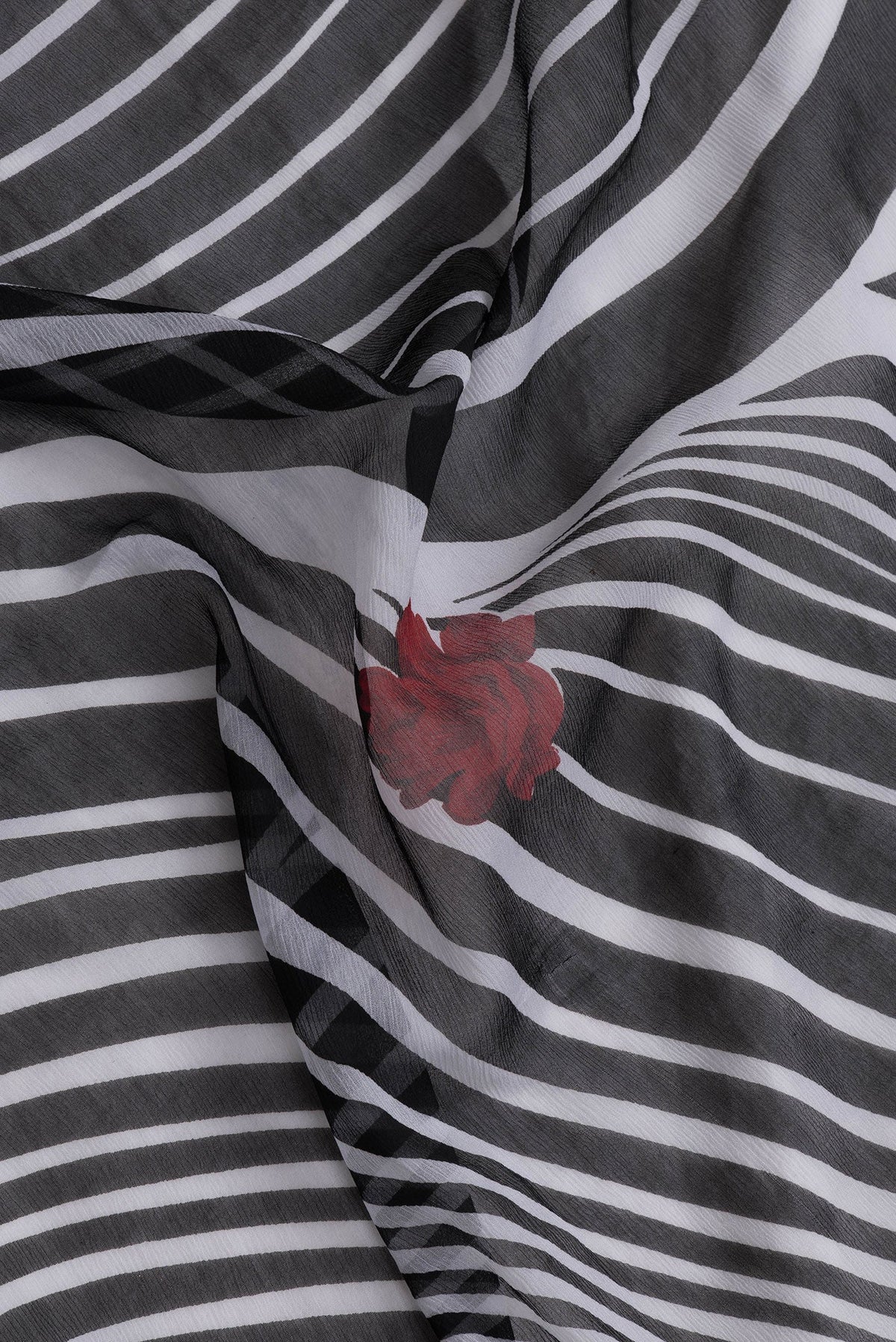 Close up of Off White Dual Tone Mysore Chiffon Saree with Printed design on the body and Plain Border.  displaying folds
