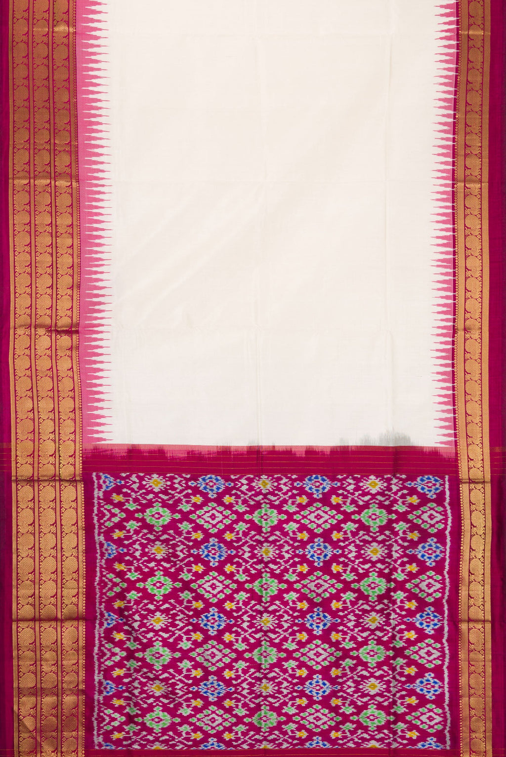 Flat view of White Dual Tone Double Ikat Saree with Ikat Print on the body and Zari Border. 