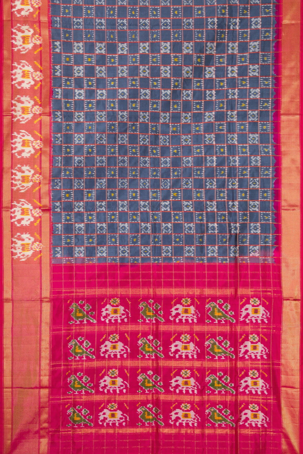 Flat view of Grey Dual Tone Double Ikat Saree with Ikat Print on the body and Ikat Border. 