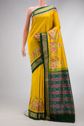 Yellow Dual Tone Double Ikat Saree with Plain Body and Zari Border.  displayed on a mannequin