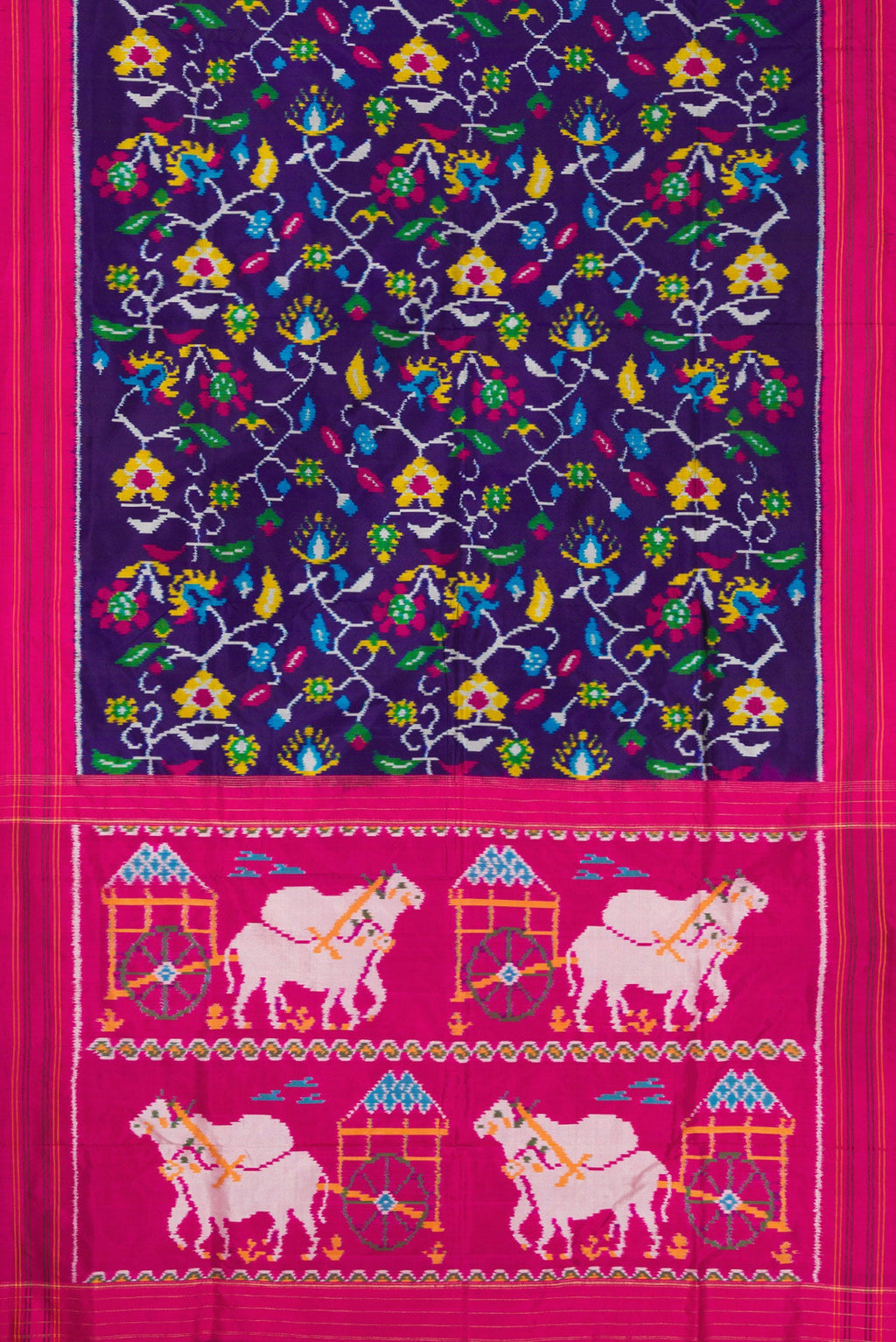 Flat view of Violet Dual Tone Double Ikat Saree with Ikat Print on the body and Thread Border. 