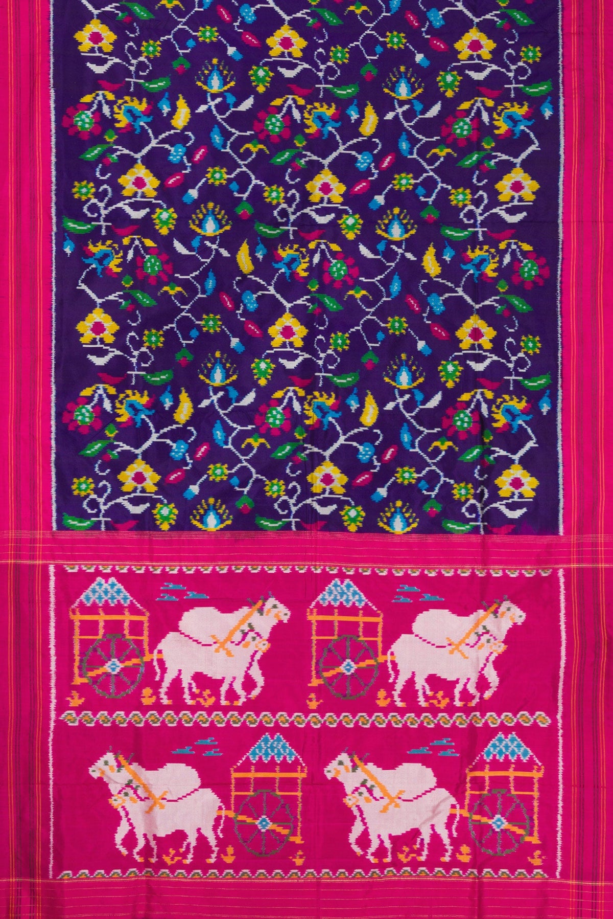 Flat view of Violet Dual Tone Double Ikat Saree with Ikat Print on the body and Thread Border. 
