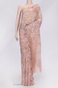 Rose Gold Dual Tone Tussar Silk Saree with Printed design on the body and Zari Border.  displayed on a mannequin