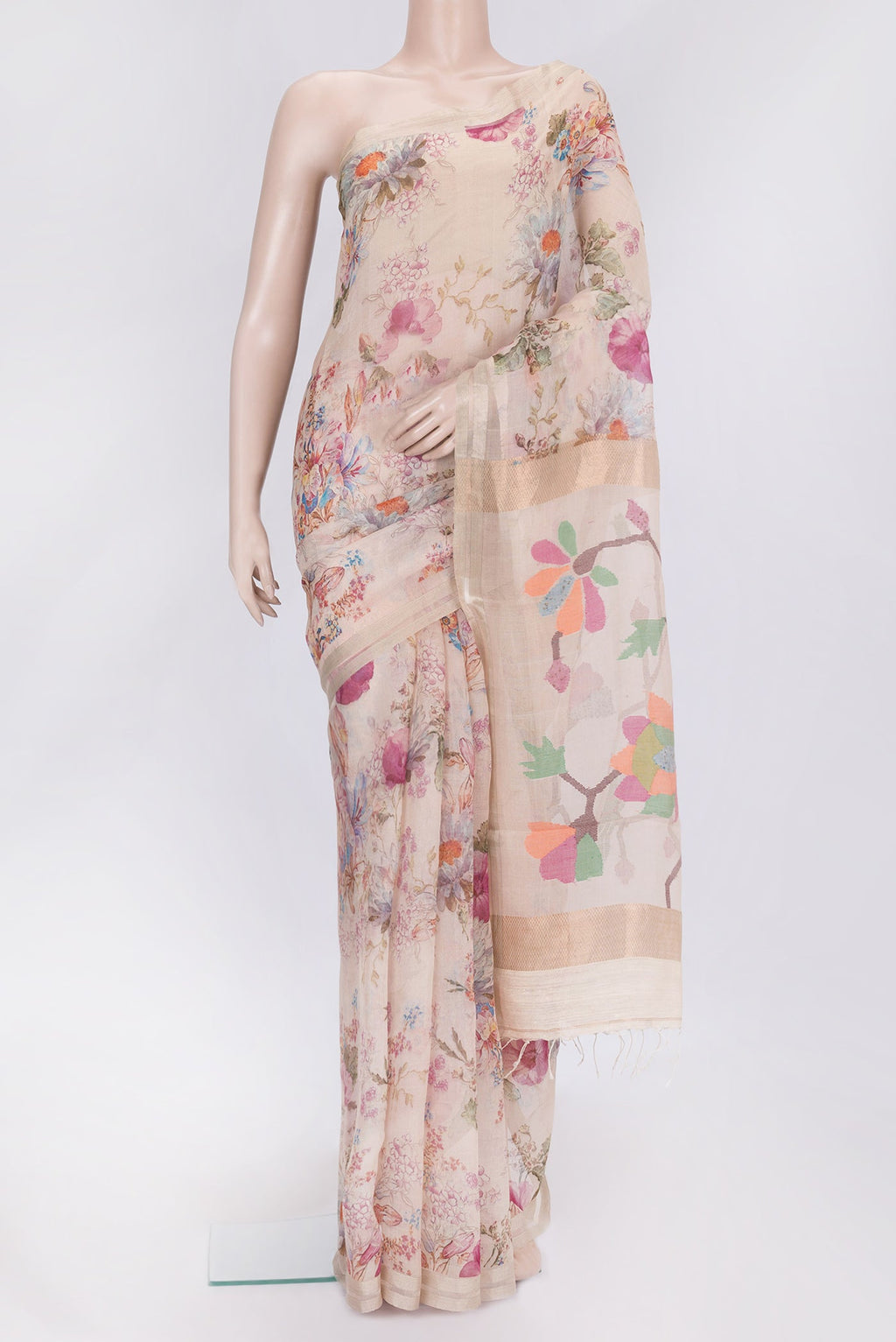 Rose Gold Dual Tone Tussar Silk Saree with Printed design on the body and Zari Border.  displayed on a mannequin
