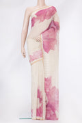 Beige Tussar Silk Saree with Printed design on the body and Zari Border.  displayed on a mannequin