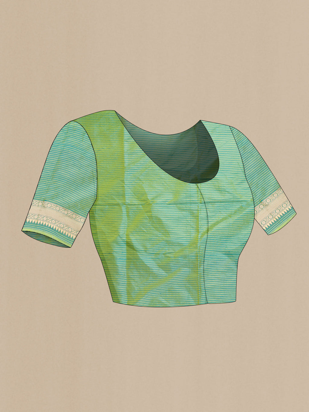 Close up image of the blouse of Green Dual Tone Banarasi Silk Saree with Zari Brocade on the body and Zari Border. 