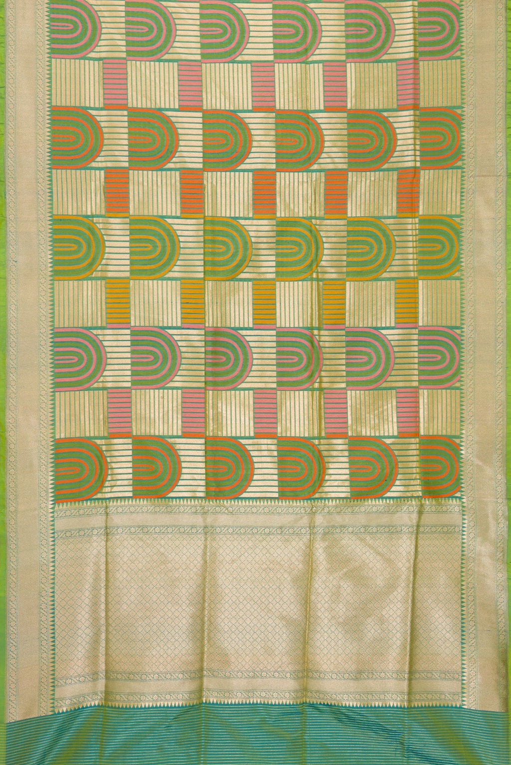 Flat view of Green Dual Tone Banarasi Silk Saree with Zari Brocade on the body and Zari Border. 