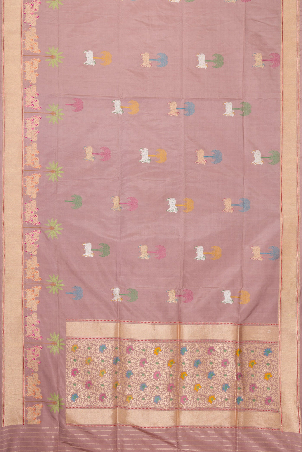 Flat view of Rose Gold Dual Tone Banarasi Silk Saree with Zari And Thread Butta on the body and Fancy Border. 