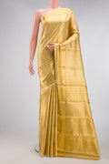 Gold Dual Tone Kanchipuram Tissue Silk Saree with Zari Brocade on the body and Zari Border.  displayed on a mannequin