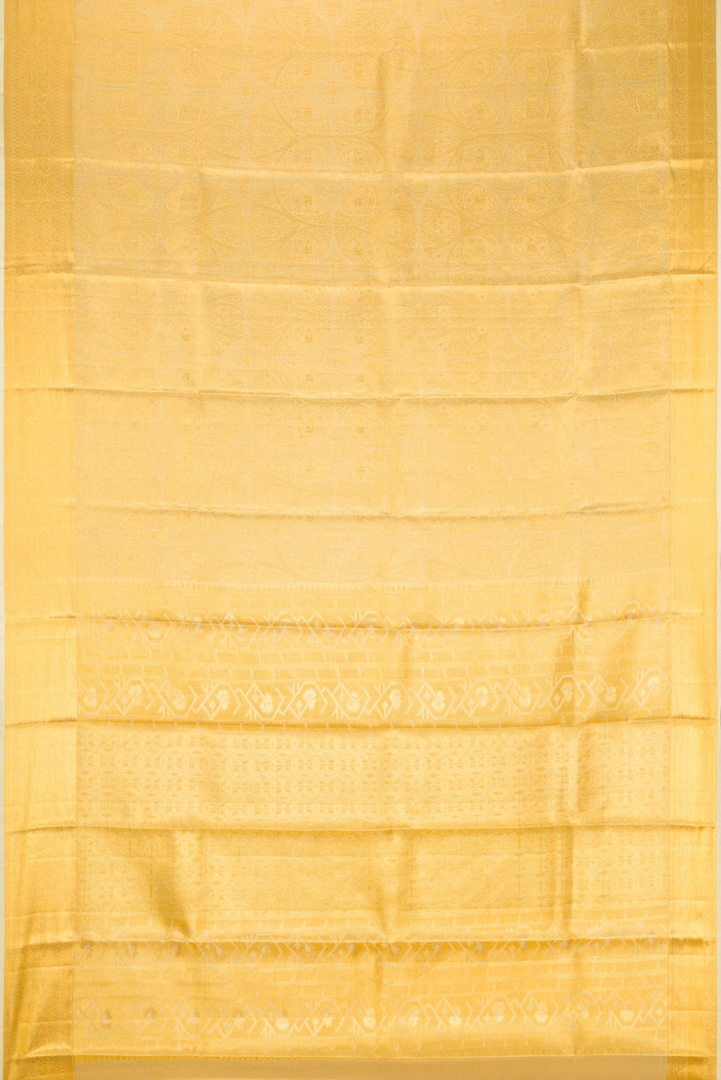Flat view of Gold Dual Tone Kanchipuram Tissue Silk Saree with Zari Brocade on the body and Zari Border. 