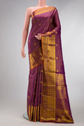 Violet Dual Tone Kanjivaram Silk Saree with Checked design on the body and Zari Border.  displayed on a mannequin