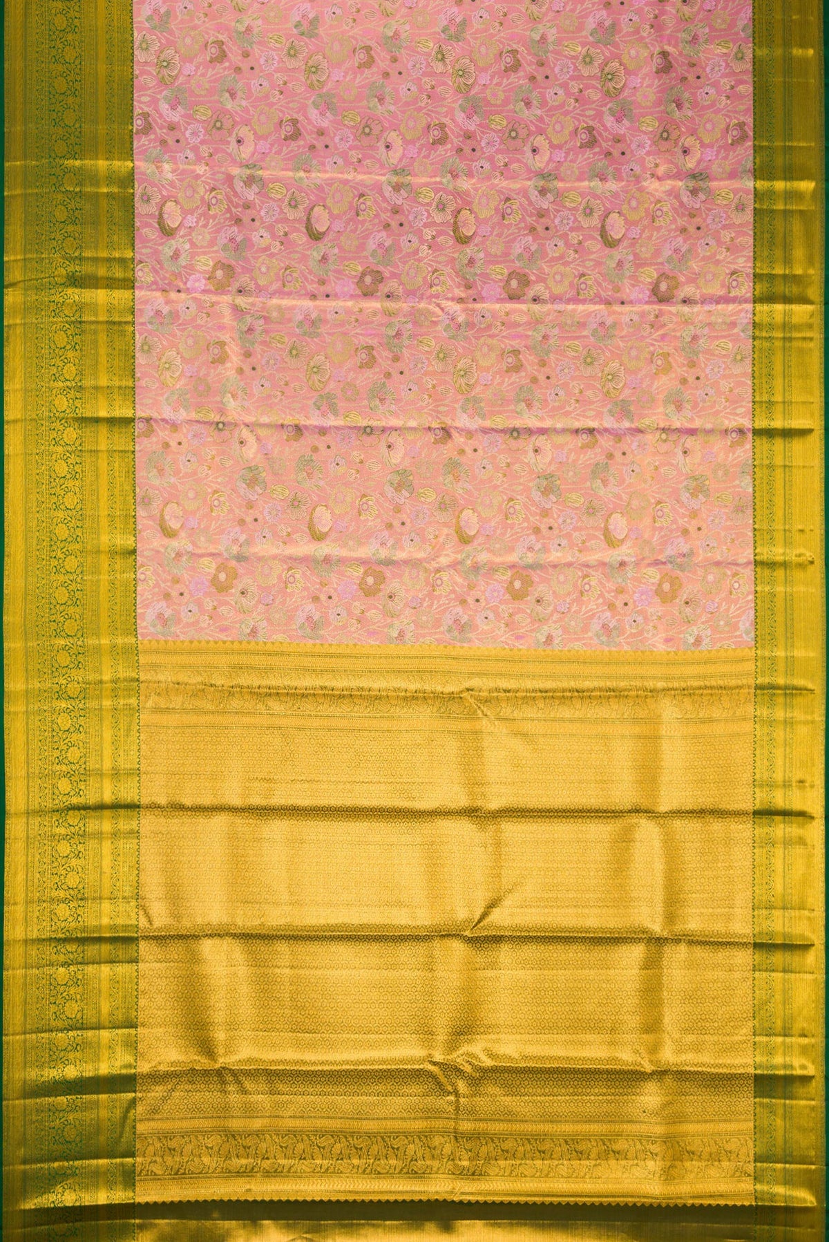 Flat view of Pink Dual Tone Kanjivaram Tissue Silk Saree with Zari Brocade on the body and Zari Border. 