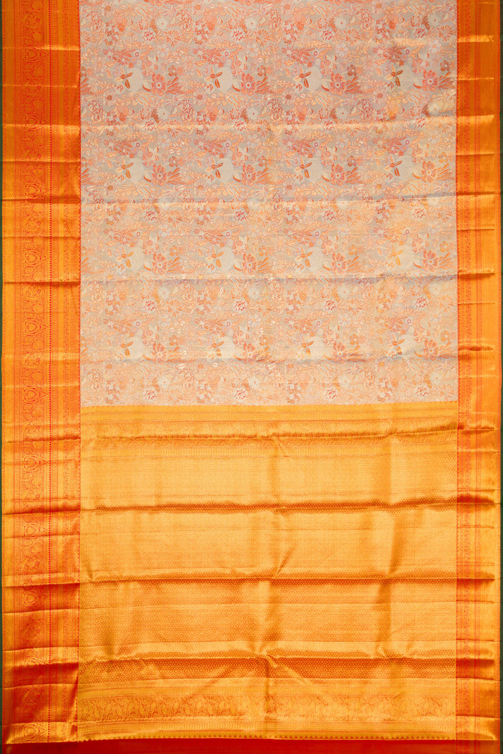 Flat view of Lilac with Gold Color Kanjivaram Tissue Silk Saree with Zari Brocade on the body and Zari Border. 
