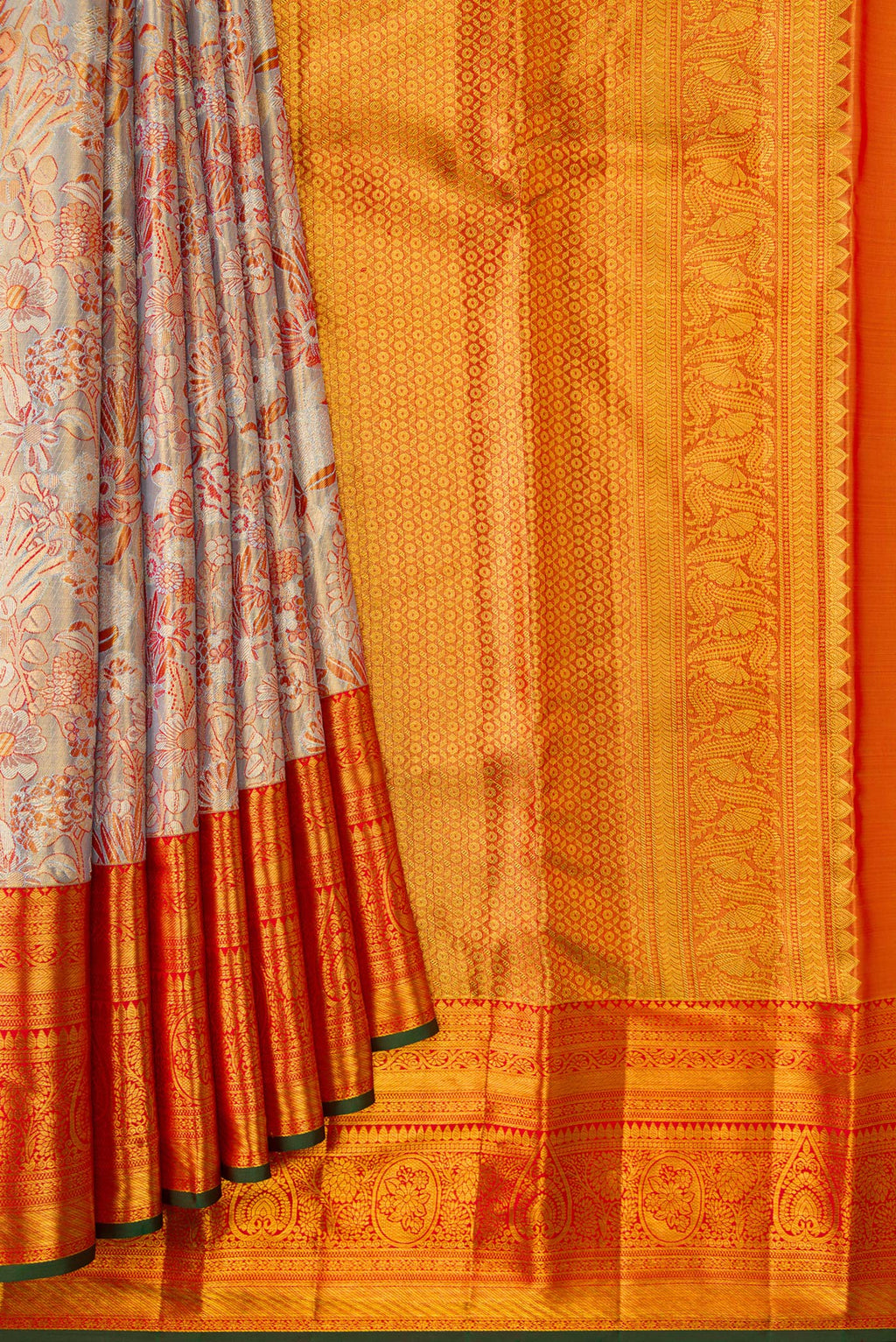 Pleats and pallu of Lilac with Gold Color Kanjivaram Tissue Silk Saree with Zari Brocade on the body and Zari Border. 