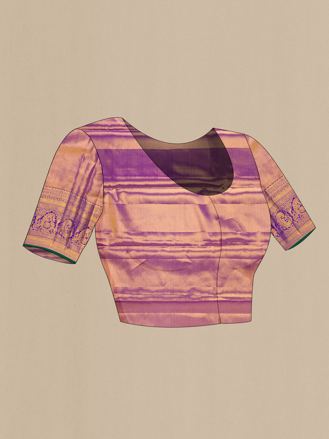 Close up image of the blouse of Lavender Dual Tone Kanjivaram Tissue Silk Saree with Zari Brocade on the body and Zari Border. 