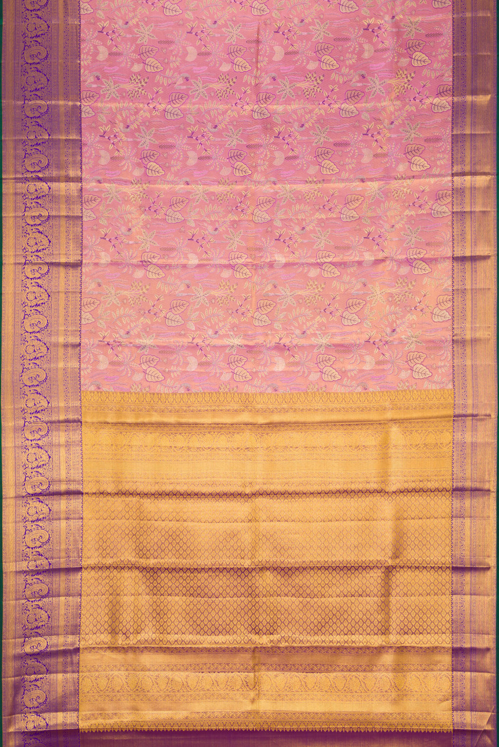 Flat view of Lavender Dual Tone Kanjivaram Tissue Silk Saree with Zari Brocade on the body and Zari Border. 