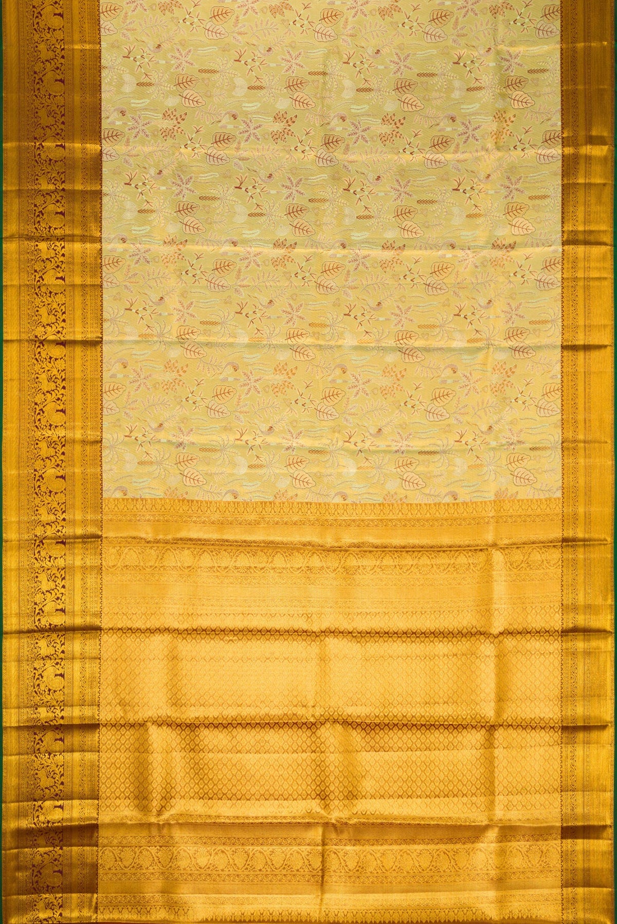 Flat view of Gold Dual Tone Kanjivaram Tissue Silk Saree with Zari Brocade on the body and Zari Border. 