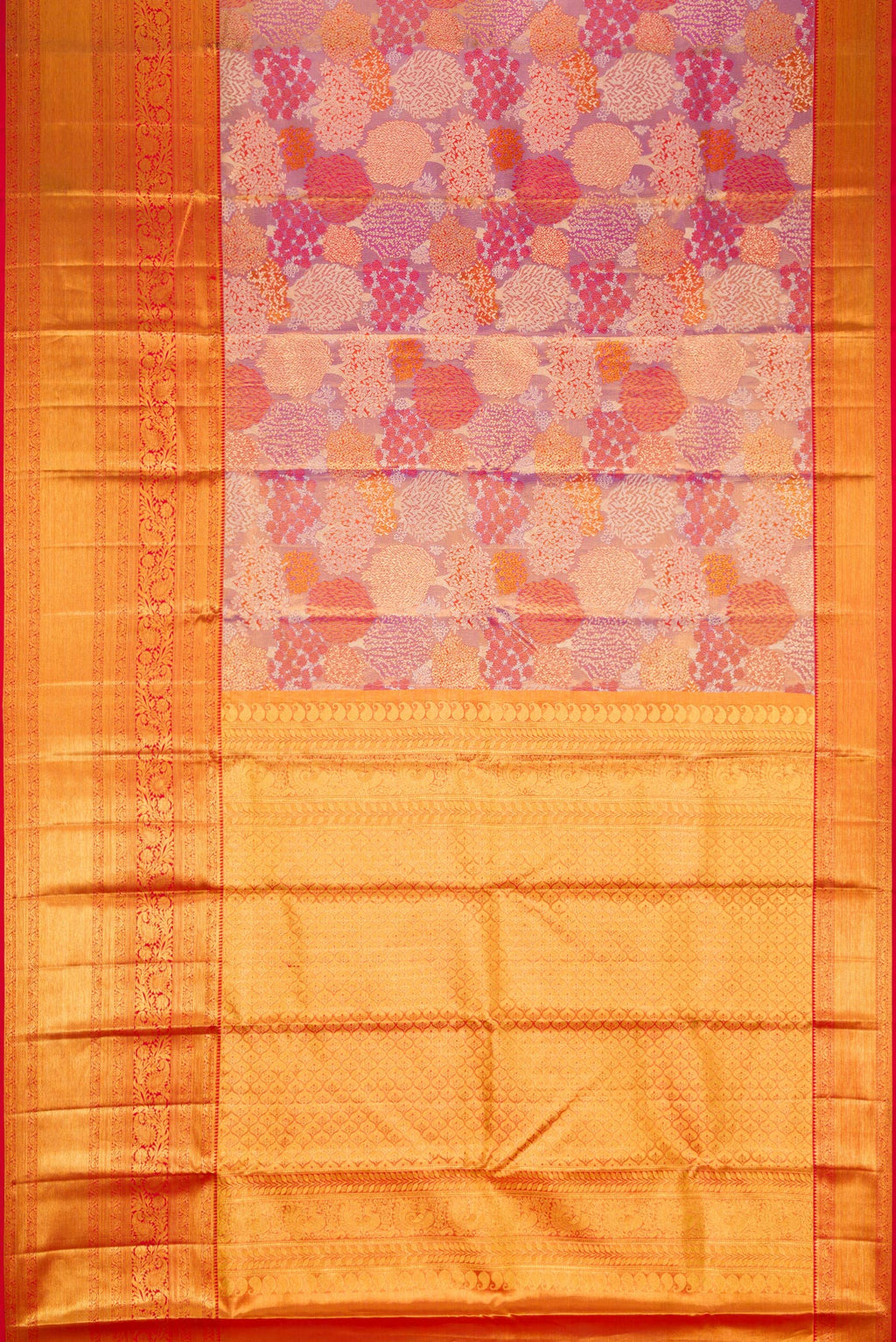Flat view of Purple Dual Tone Kanjivaram Tissue Silk Saree with Zari Brocade on the body and Zari Border. 