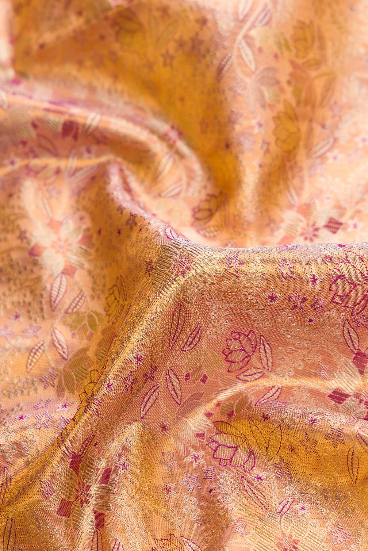 Close up of Gold Dual Tone Kanjivaram Tissue Silk Saree with Zari Brocade on the body and Zari Border.  displaying folds