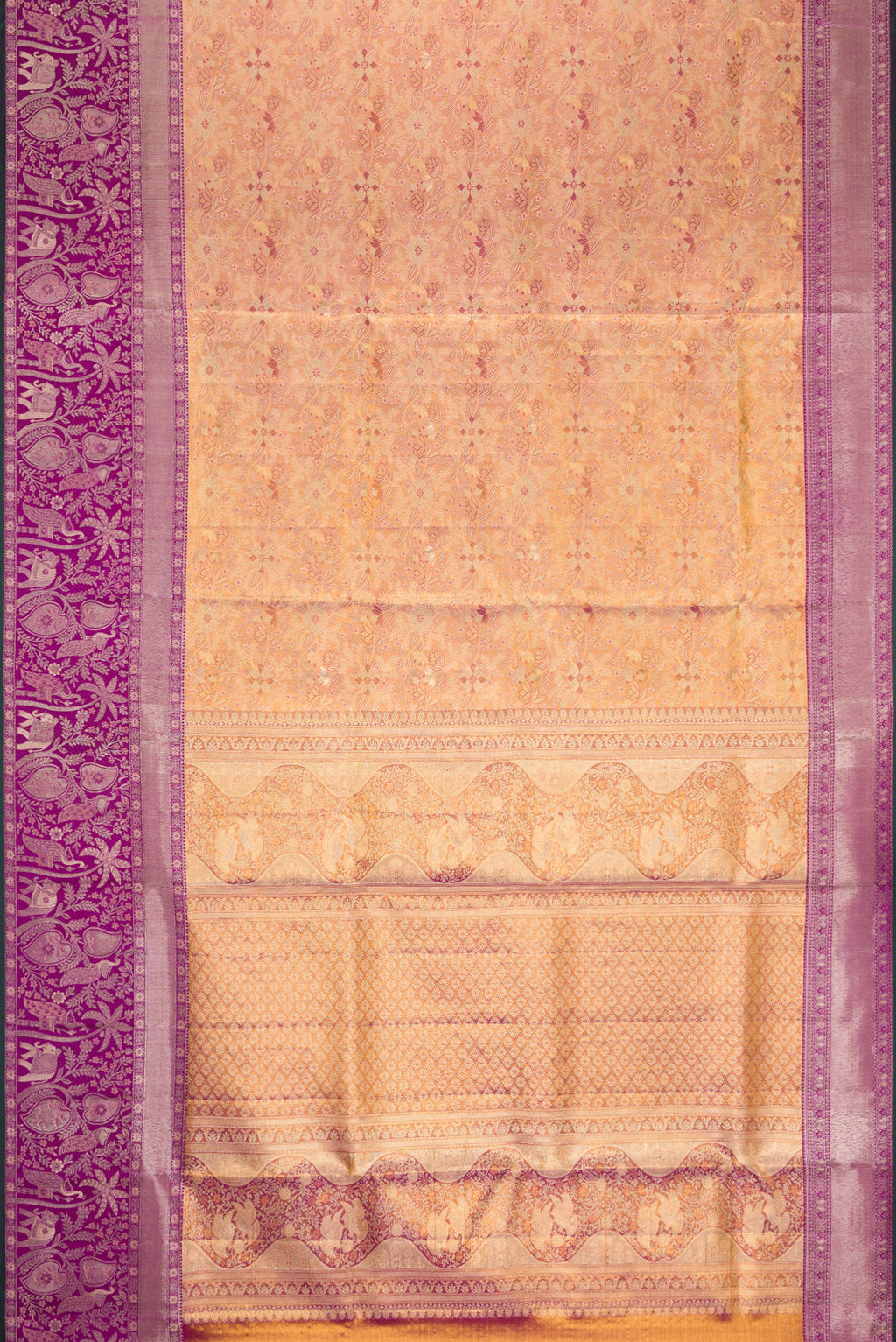 Flat view of Peach Dual Tone Kanjivaram Tissue Silk Saree with Zari Brocade on the body and Zari Border. 
