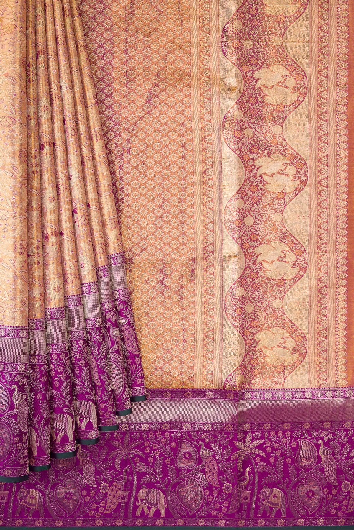 Pleats and pallu of Peach Dual Tone Kanjivaram Tissue Silk Saree with Zari Brocade on the body and Zari Border. 