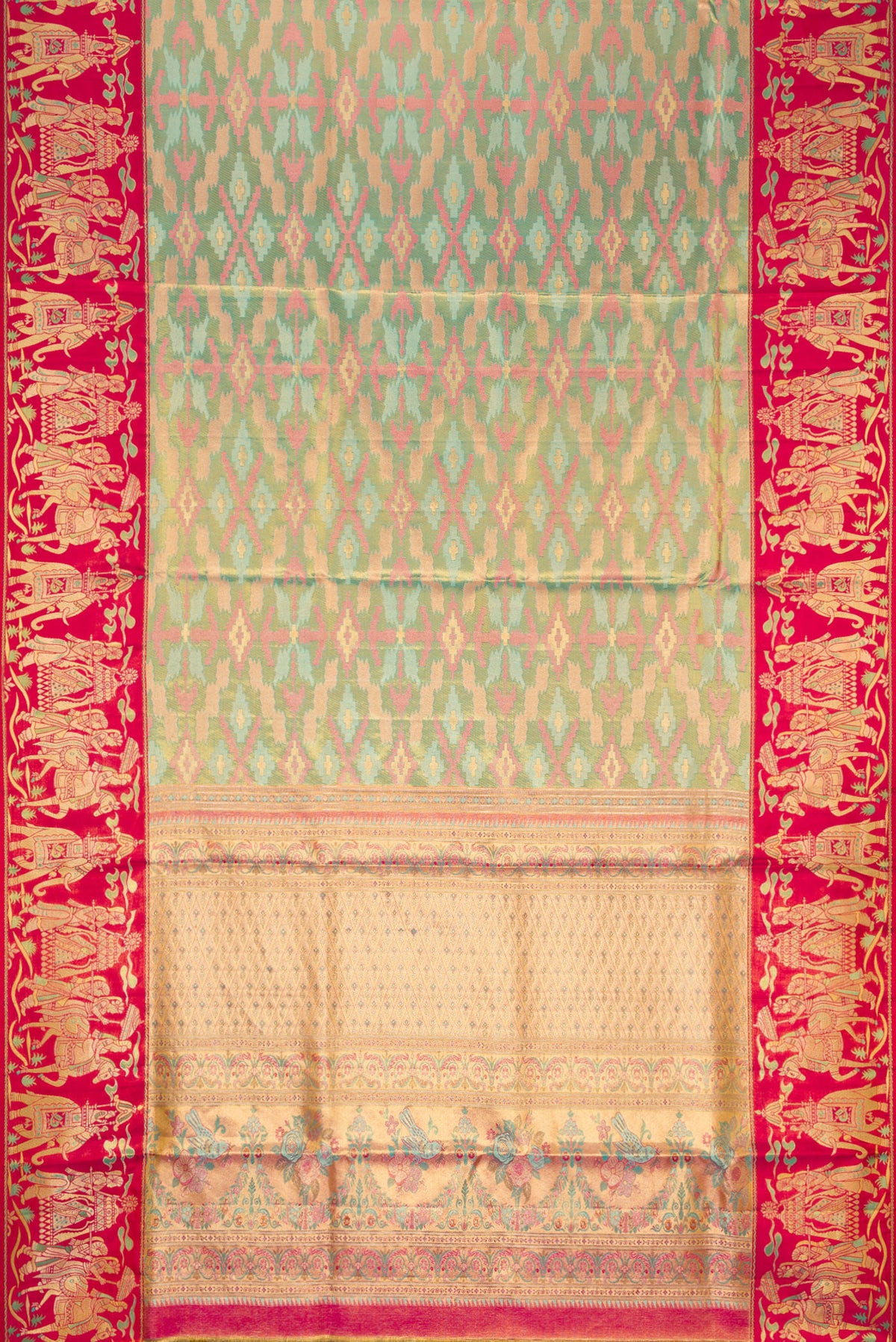 Flat view of Sea Green Dual Tone Kanjivaram Tissue Silk Saree with Zari Brocade on the body and Fancy Border. 