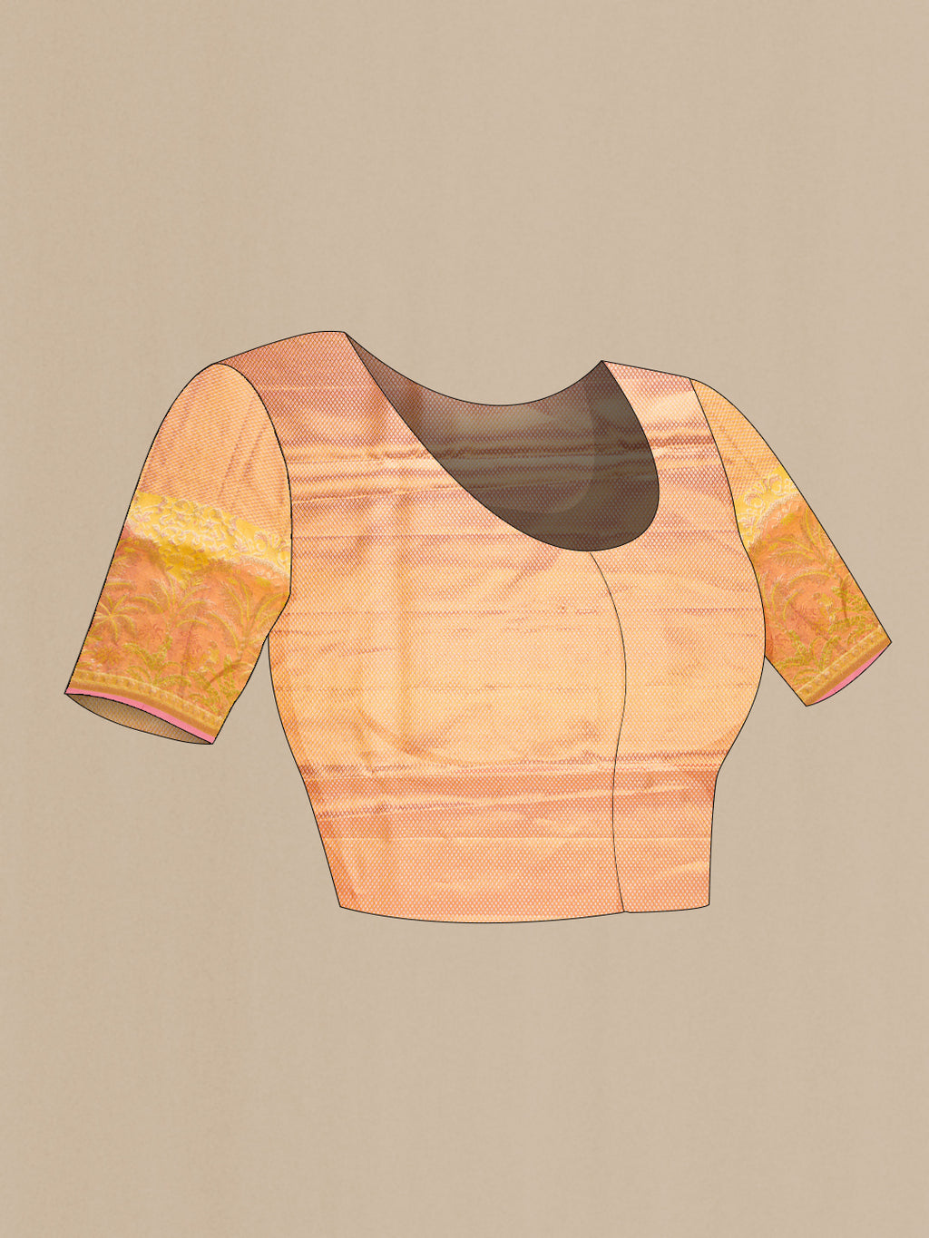 Close up image of the blouse of Yellow Kanjivaram Tissue Silk Saree with Zari Brocade on the body and Fancy Border. 