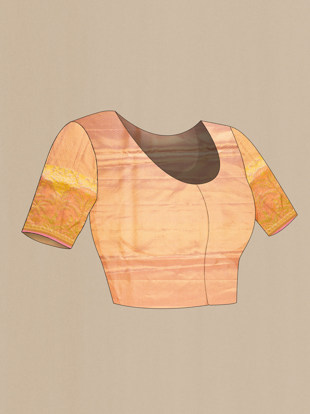 Close up image of the blouse of Yellow Kanjivaram Tissue Silk Saree with Zari Brocade on the body and Fancy Border. 