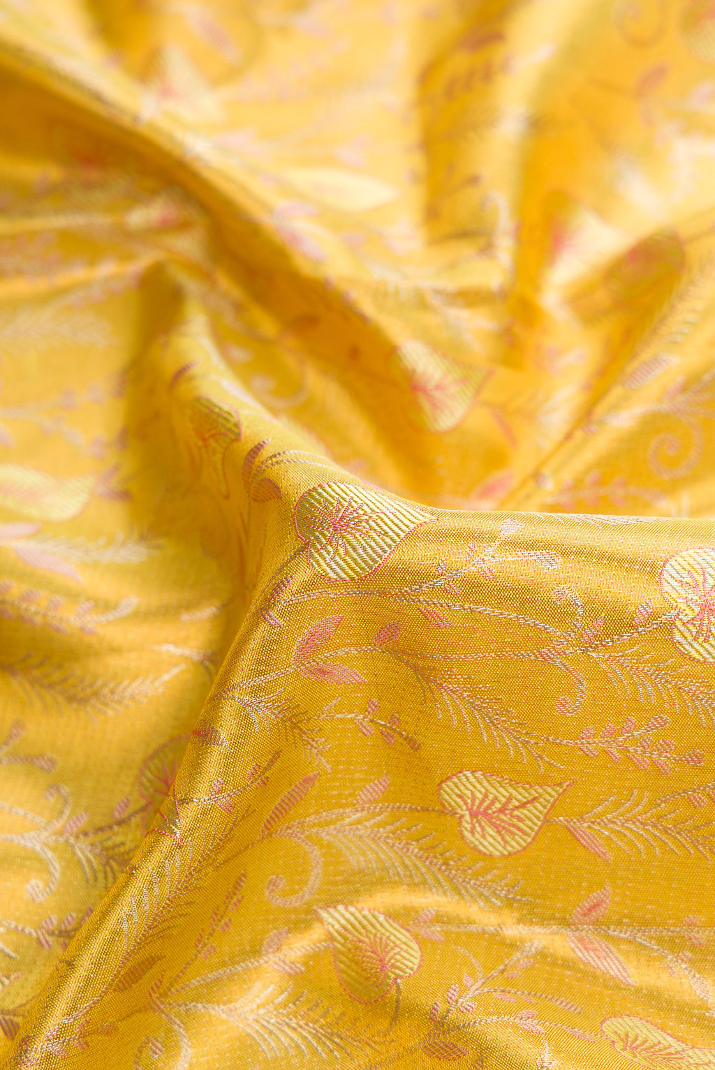 Close up of Yellow Kanjivaram Tissue Silk Saree with Zari Brocade on the body and Fancy Border.  displaying folds