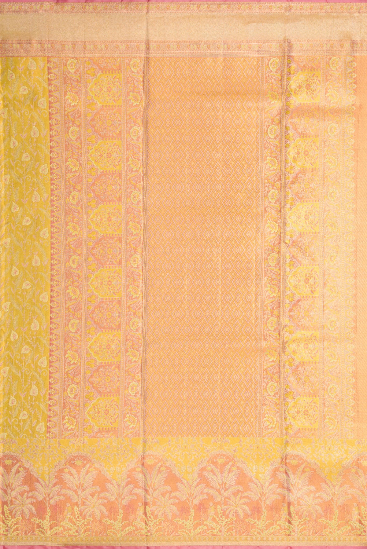 Close up image of the pallu of Yellow Kanjivaram Tissue Silk Saree with Zari Brocade on the body and Fancy Border. 