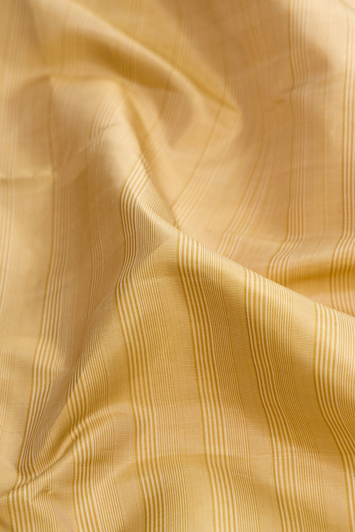 Close up of Beige Dual Tone Kanjivaram Silk Saree with Plain Body and Zari Border.  displaying folds