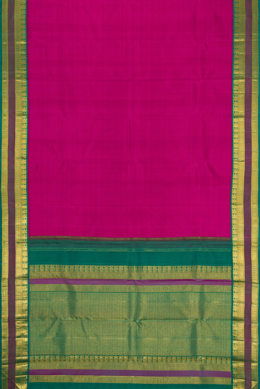 Flat view of Magenta Dual Tone Kanjivaram Silk Saree with Plain Body and Zari Border. 