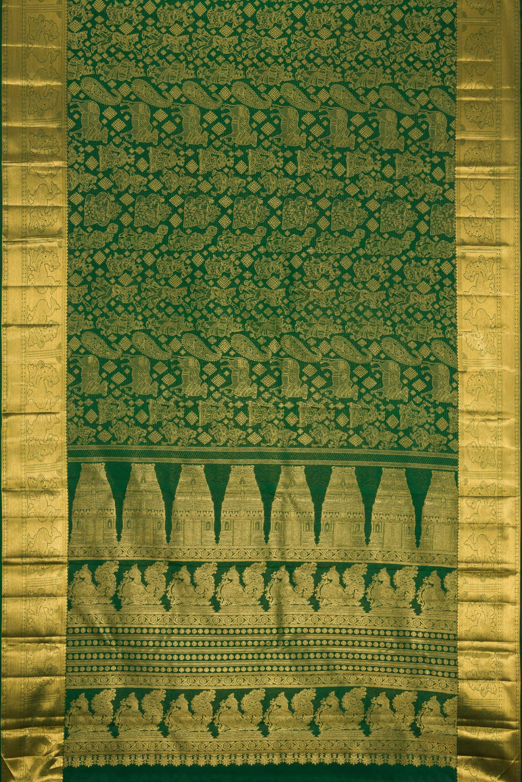 Flat view of Green Kanchipuram Silk Saree with Zari Butta on the body and Zari Border. 