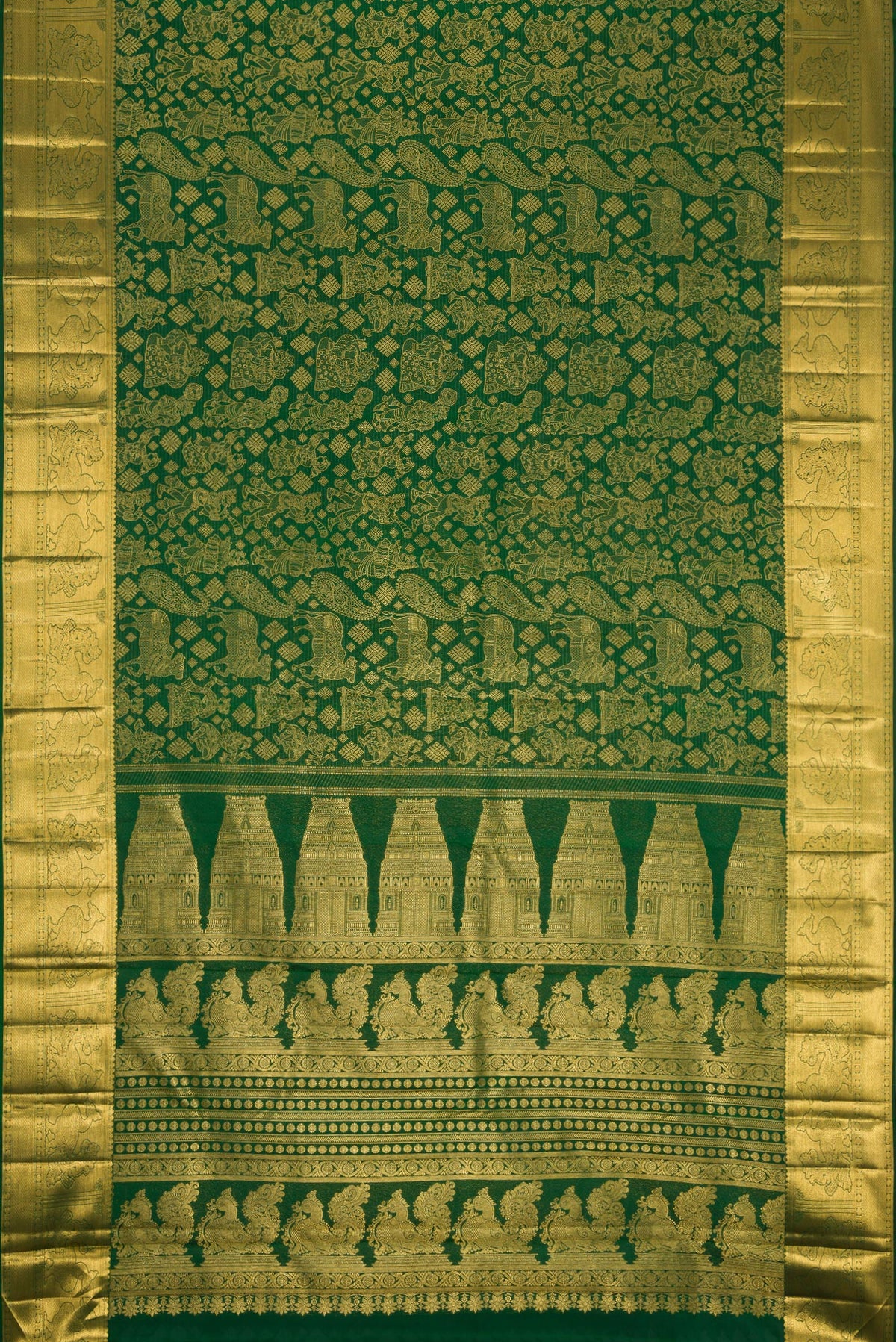 Flat view of Green Kanchipuram Silk Saree with Zari Butta on the body and Zari Border. 