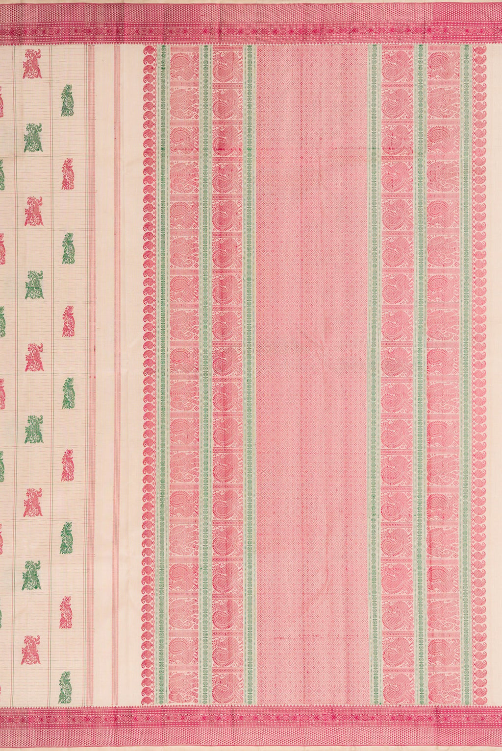Close up image of the pallu of Beige Dual Tone Kanchipuram Silk Saree with Stripes on the body and Fancy Border. 