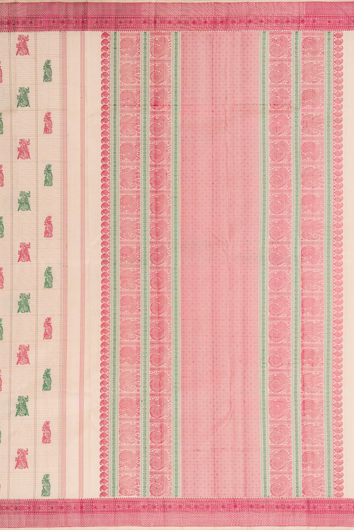 Close up image of the pallu of Beige Dual Tone Kanchipuram Silk Saree with Stripes on the body and Fancy Border. 