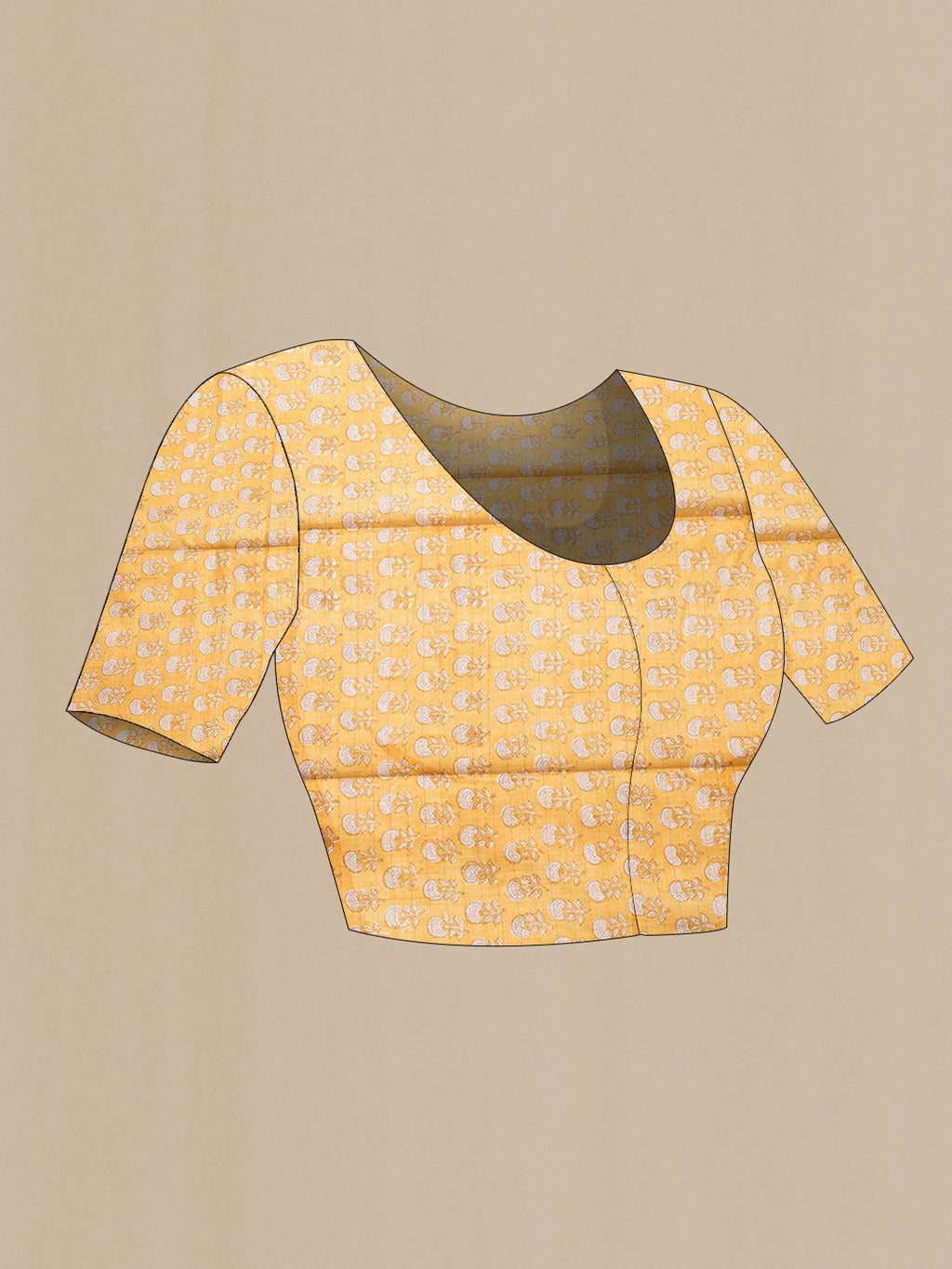 Close up image of the blouse of Golden Peach Dual Tone Tussar Silk Saree with Checked design on the body and Printed Border. 