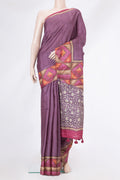 Purple Tussar Silk Saree with Printed design on the body and Fancy Border.  displayed on a mannequin