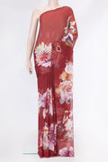 Maroon Dual Tone Mysore Chiffon Saree with Printed design on the body and Without Border.  displayed on a mannequin