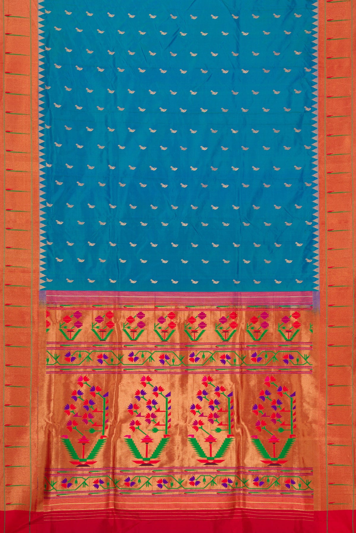 Flat view of Blue Paithani Silk Saree with Zari Butta on the body and Paithani Border. 
