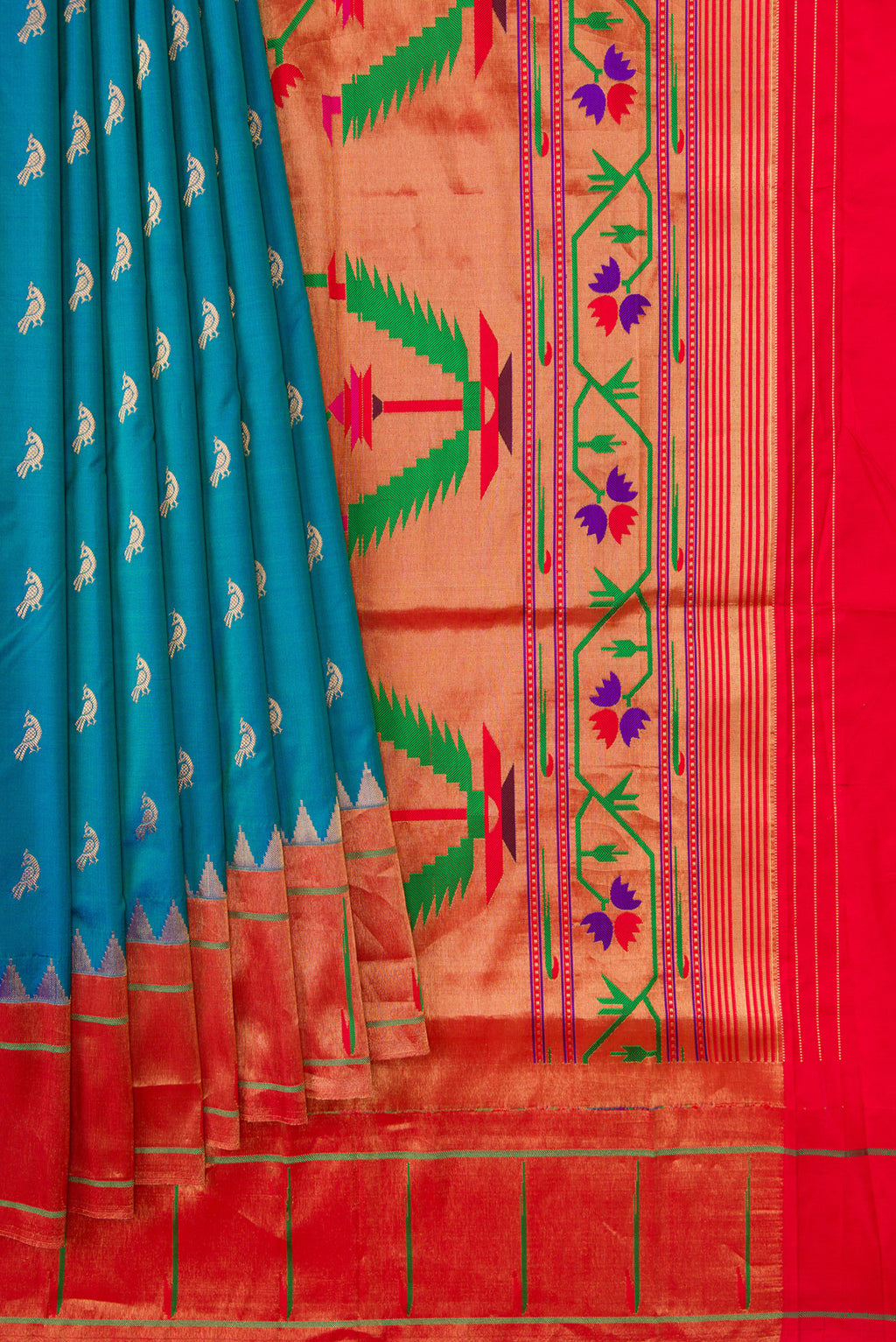 Pleats and pallu of Blue Paithani Silk Saree with Zari Butta on the body and Paithani Border. 