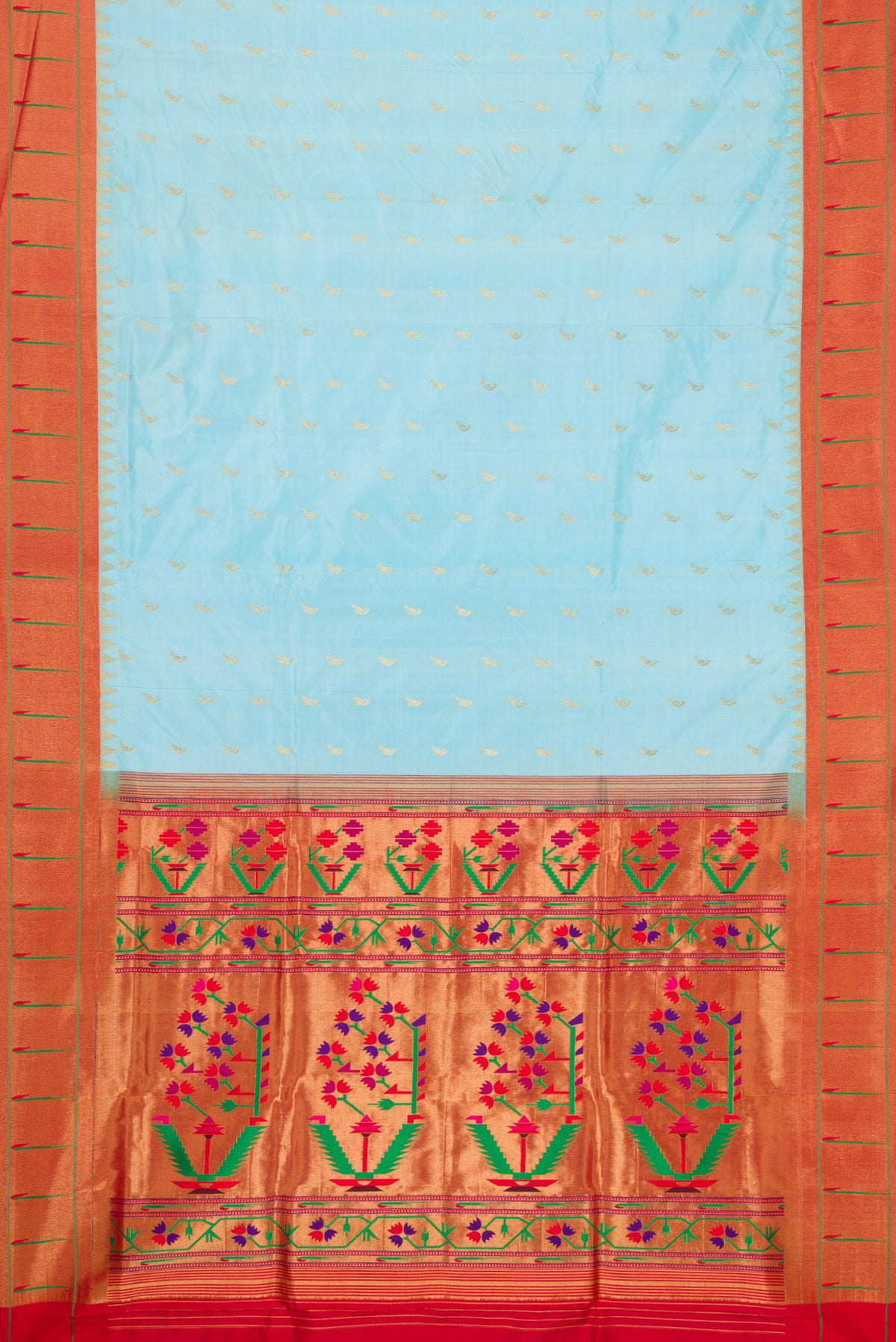 Flat view of Sky Blue Paithani Silk Saree with Zari Butta on the body and Paithani Border. 