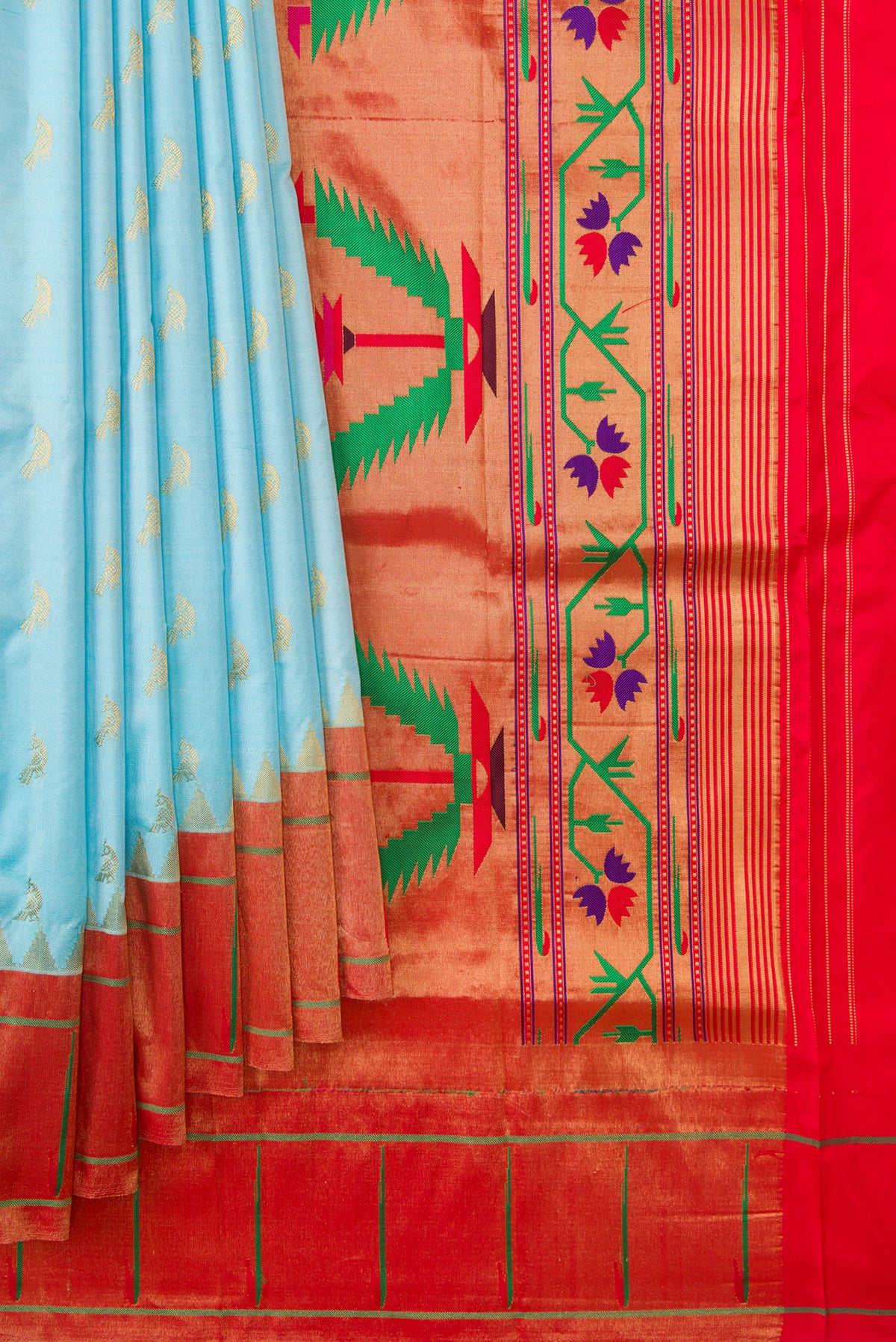 Pleats and pallu of Sky Blue Paithani Silk Saree with Zari Butta on the body and Paithani Border. 