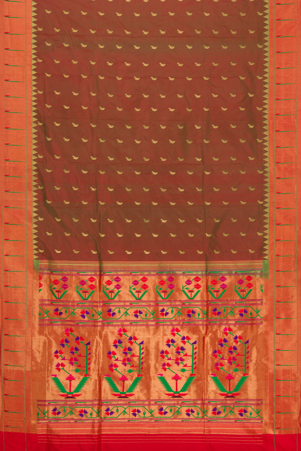 Flat view of Green with Red Color Paithani Silk Saree with Zari Butta on the body and Paithani Border. 