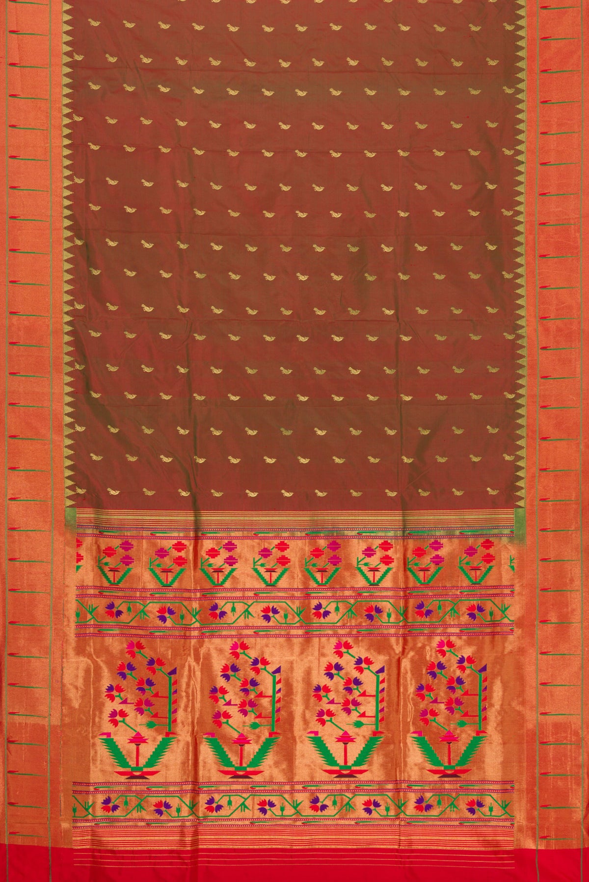 Flat view of Green with Red Color Paithani Silk Saree with Zari Butta on the body and Paithani Border. 