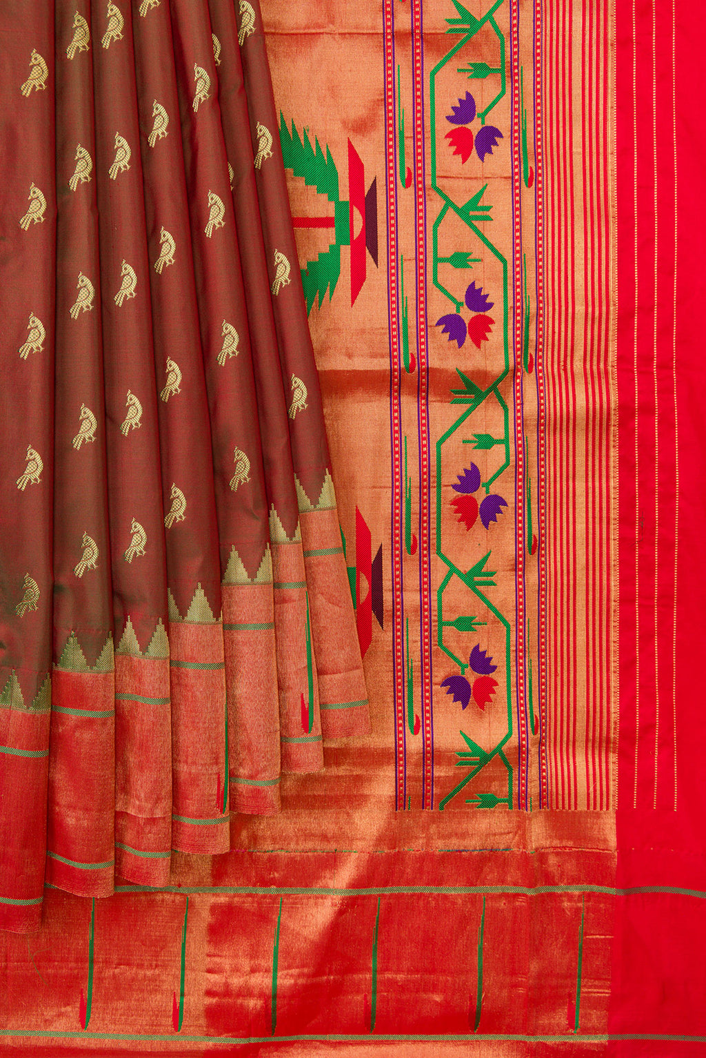 Pleats and pallu of Green with Red Color Paithani Silk Saree with Zari Butta on the body and Paithani Border. 