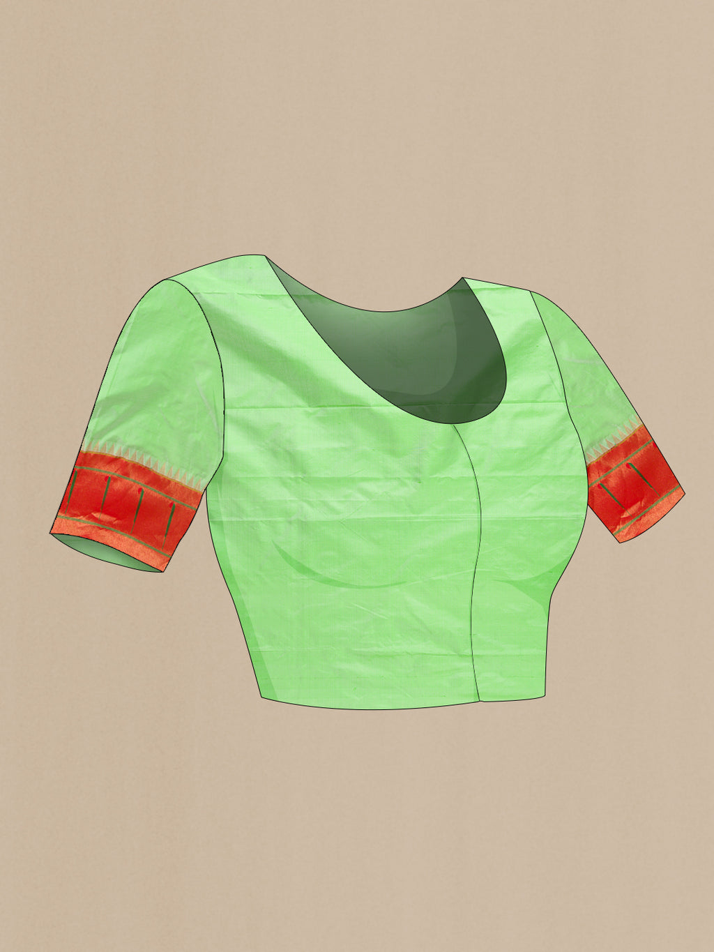 Close up image of the blouse of Pista Green Paithani Silk Saree with Zari Butta on the body and Paithani Border. 
